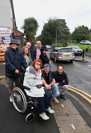 Ahead of their meeting over Dawley traffic concerns in September are Collette Norry in the wheelchair, Chad Davies, Stephen Norry, Graham Norry, Henry Crookshank from The White Horse pub, Angela Lewis, Rob Wright, Kate Jones