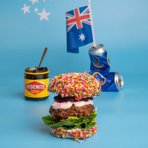 The Australian Burger features Vegemite and a can of Fosters