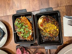 Side dishes at Cow & Sow: Smoky sweet potato and Miso & Chipotle glazed Hispi cabbage 