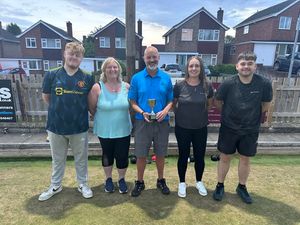 Smiling finalists (from left) Tom Killen, Angela Boot, a representative of the sponsors, and winners Emma Duncan and Nathan Lacey