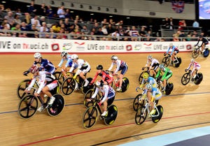 Action from the Women's Point Race during the UCI Track Cycling World Cup at the Lee Valley Velopark, London.