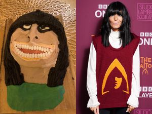 Composite image of a caricature cake of Claudia Winkleman (left) and a red carpet photo of Claudia Winkleman