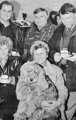 Evacuees at the Music Hall. From left are Veronica Skelly, Daryl Lloyd, Bill Lloyd, Mary Lloyd with Pepper the spaniel and Mike Murray.