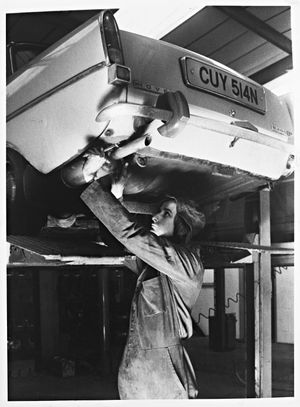 Thompson's Tyre Services Ltd, Ettingshall Road, Wolverhampton. The firm had moved to larger premises from Cooper Street, in order to branch out into the MOT testing field. Nick Thompson is mentioned, and the photograph shows one of the fitting bays in the new premises. January 15, 1980