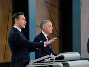 Conservative leader Pierre Poilievre, from left, Liberal leader Mark Carney and New Democratic Party leader Jagmeet Singh participate in the English-language federal leaders’ debate in Montreal