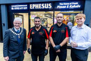 Councillor Steve Reynolds, Mayor of Oakengates, Ersin Karakulah, Faruk Yuksel and Councillor Ollie Vickers outside Ephesus in Market Street, Oakengates