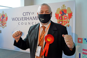Ian Brookfield, Wolverhampton Council leader, celebrates retaining control of the council at the local elections
