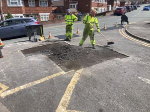 Sandwell Council highways crews fill in the pothole in Barncroft Road, Tividale. Pic: LDRS. Permission for reuse for all LDRS partners.