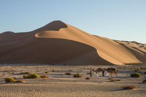 Mark Evans, front, passes the large dunes having just crossed the border between Oman and Saudi Arabia