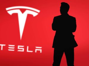 Elon Musk silhouette with Tesla logo in background