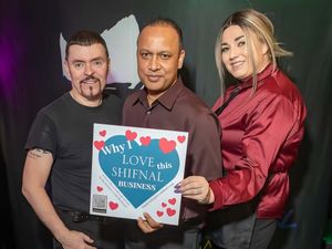 Shifnal Balti manager Faz Ali with colleague Heidi Weeks and George Michael tribute Adrian Michaels