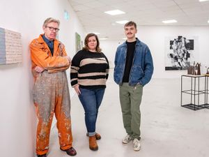 Artists Gerry Devlin, Jennifer Trouton and Reuben Brown at a studio in Belfast