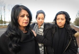 Surjit Takhar's former partner Lavina Shol, left, with their twin daughters, centre, Sohnay Takhar, and, right, Sohnia Takhar 