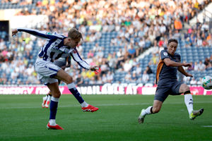 Isaac Price gets a shot away against Derby. The Albion attacker once again gave a fine display. (Photo by Adam Fradgley/West Bromwich Albion FC via Getty Images)