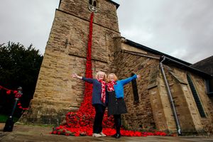 Sarah Barnsley and Kate Pearce with the waterfall at St Mary’s Church
