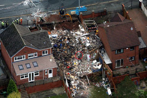 The aftermath of the explosion, with the location of the washing machine circled