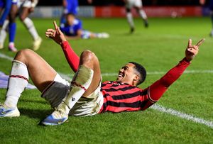 Priestley Farquharson celebrates Ryan Finnigan's goal.