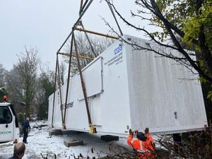 Supporting image for story: Hospital trust's £1.4m new MRI scanner is lifted - carefully - into place in Telford