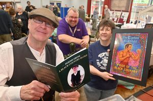 Local History event at Tipton Sports Academy Sports & Social Club.. Pic of John Homer, Historian, Poet, performer, Robert Hazel and Lisa Cox (two of the event organisers).