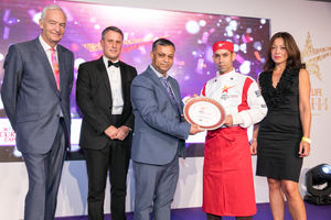 Journalist Broadcaster Jon Snow Awards Ceremony host, Mr Andrew Kenny, Director of sales from Just Eat, Mr Sujatur Reza from Taste of Paradise, Winner chef Alam Hussain and Lucy Mitchell, MD of See Woo Foods.