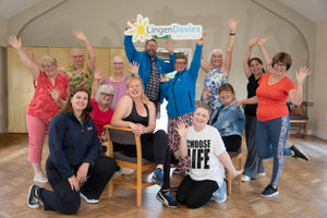 1. (Left) Georgia Thomas of Anwyl Homes with dance teacher Sarah Bright; I can dance Shrewsbury, James Turner and Emma Backhouse of Lingen Davies Cancer Support and some of the dance class members who are dancing through the decades.