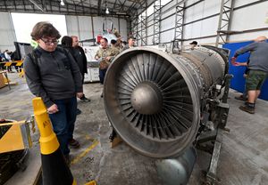 A jet engine is inspected...