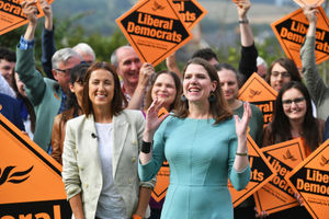 New Liberal Democrat leader Jo Swinson, pictured front right, celebrates the party's recent by-election victory in Brecon 