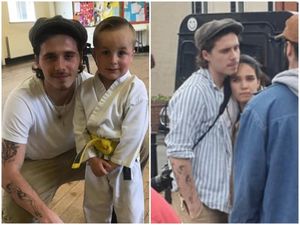 Brooklyn Beckham, pictured left with five-year-old Albie Larwood, and right, with girlfriend Hana Cross. Photos: Julie-Ann Lucarelli