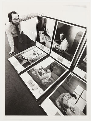 West Midlands Arts commissioned seven artists to produce work relating to West Midlands industries, including firms such as Cadbury's in Birmingham, Brinton's carpets in Kidderminster and the Ind Coope Brewery in Burton-on-Trent. The West Midlands CBI chairman Dr Malcolm Skillicorn is mentioned. The photograph shows Peter Vigurs with some of the work.