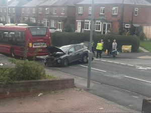 Supporting image for story: Crash between two cars and a bus in Rowley Regis sees one person injured, damage to property and road blocked for several hours