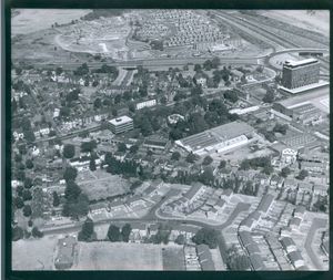 The Europa housing estate is visible at the top of this bird's eye view of West Bromwich, taken in September 1976. The Europa Lodge Motor Hotel can be seen immediately in front of the development, while the landmark Intersection House office block towers above the motorway island on the right
