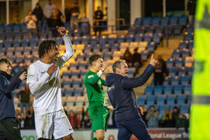 Kevin Wilkin leads the celebrations after AFC Telford United's stunning comeback victory over Altrincham (Picture: Jayden Porter)