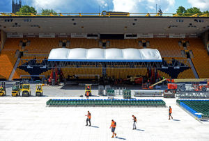 The stage being constructed in front of the South Bank