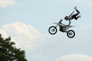 One of the Bolddog FMX team flying through the air during one of the spectacular stunts. Image by Andy Compton