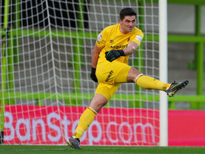 Supporting image for story: Keeper Harry Burgoyne pushing Shrewsbury Town's Jason Sraha