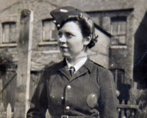 NORTH COPYRIGHT SHROPSHIRE STAR STEVE LEATH 17/07/2021..Pic in Muckleton, Shawbury, where Edna Taylor was celebrating her 100th birthday, Here pictured in her war uniform when she was a firefighter aged in her 20s..