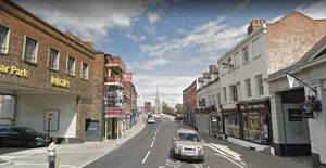 The bottom of Wyle Cop and the English bridge, with the Abbey in the background. Photo: Google
