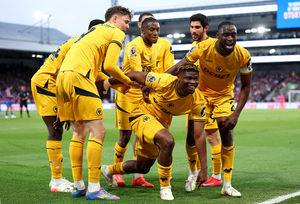 Emmanuel Agbadou of Wolverhampton Wanderers celebrates scoring his team's first goal (Photo by Richard Pelham/Getty Images)