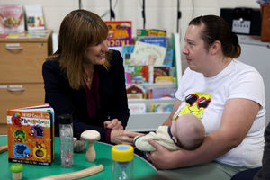 Chancellor of the Exchequer Rachel Reeves speaks to a member of a mother and baby group, during a visit to the Park Lane Centre in Telford to mark the launch of the landmark £5 billion Pride in Place programme. Photo: Darren Staples/PA Wire