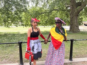 Royal fans Satvinder Cubb and Grace Gothard on The Mall ahead of VE Day 80th anniversary celebrations