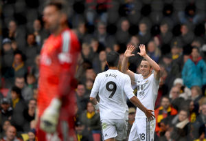 Diogo Jota of Wolverhampton Wanderers celebrates after scoring a goal to make it 1-2. (AMA/Sam Bagnall)