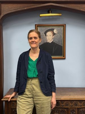 Holly Bembridge, Principal, pictured with a portrait of King Edward VI at the launch of the College’s 50th anniversary celebrations