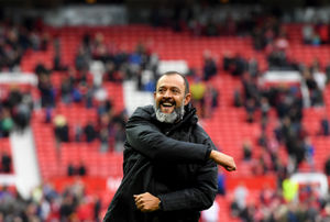 Nuno celebrates after Wolves' stunning performance at Old Trafford. (AMA)