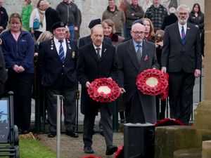 Representatives of Builth Wells Rotary Club and Freemasons laying wreaths at the war memorial on Remembrance Sunday. (Image: Andy Compton)
