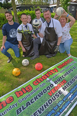 WALSALL COPYRIGHT TIM STURGESS EXPRESS AND STAR......23/08/2021   BlackwoodÂ  butchers, Streetly, holding a charity football match to raise funds for a defibrillator. Picturd left, Jack Dubberley, Scott Murcott, Molly Millin,Ben Wright,Neil Puch and Michelle Stephens....