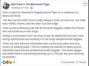 The post Councillor Bob Piper made to Facebook group The Bearwood Page