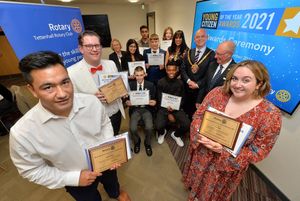 Young Citizen Awards. At the front are winners: Parwiz Karimi, Dylan Wright and Lucy Palin. Sitting is Louis Johnson and Aijon Brown; back L-R: Rotarian Robyn Davies, Dhavina Chadha, Syed Naqvi, Alex Parker, Caitlin Jefferis, with Mayoress and Mayor: Sureena and Greg Brackenridge and Rotarian Roger Timbrell