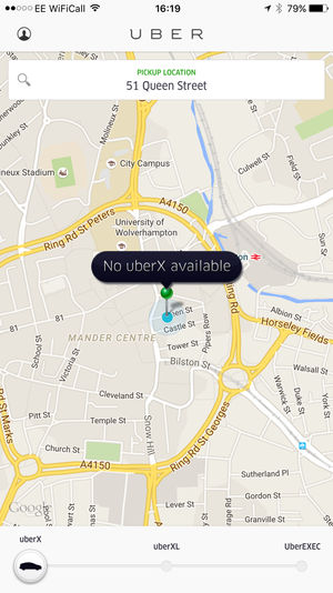 The screen currently greeting Uber users in Wolverhampton