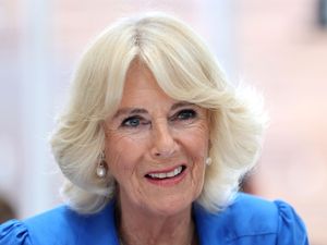Headshot of the Queen smiling, wearing a blue top