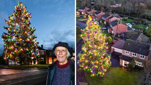 Avril Rowlands in front of the 50ft-tall Christmas tree she planted with her late husband Christopher in 1979.